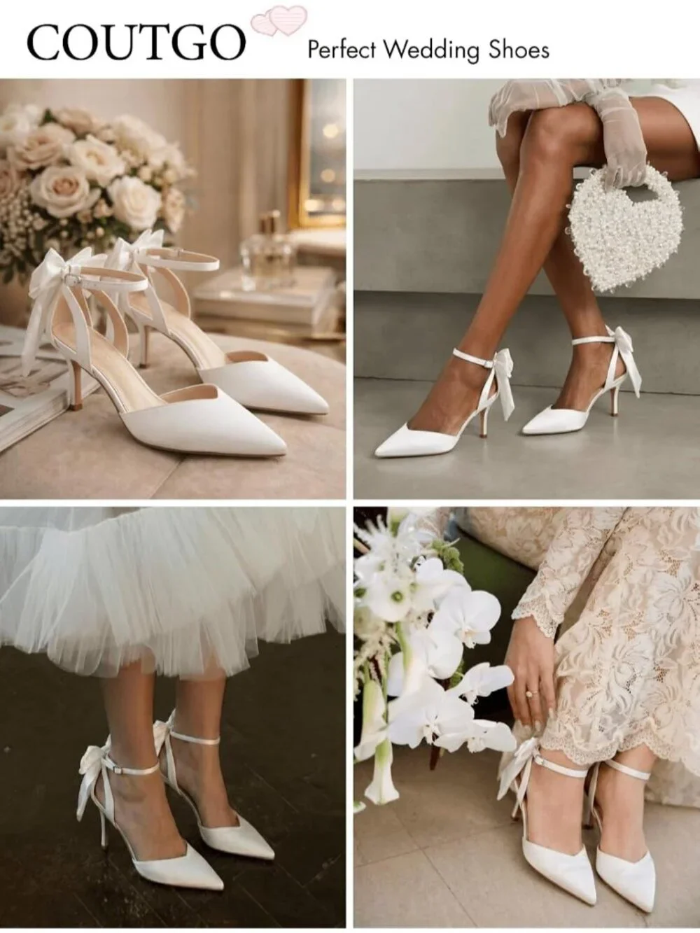 Women's White Closed Pointed Toe Pumps Bow Ankle Strap Kitten Wedding Heels Shoe